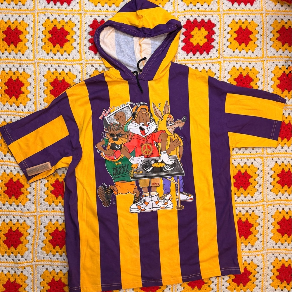 Vtg 90's Looney Tunes Hip Hop Rap Short Sleeve Hooded T-Shirt Sz L/XL Stripes